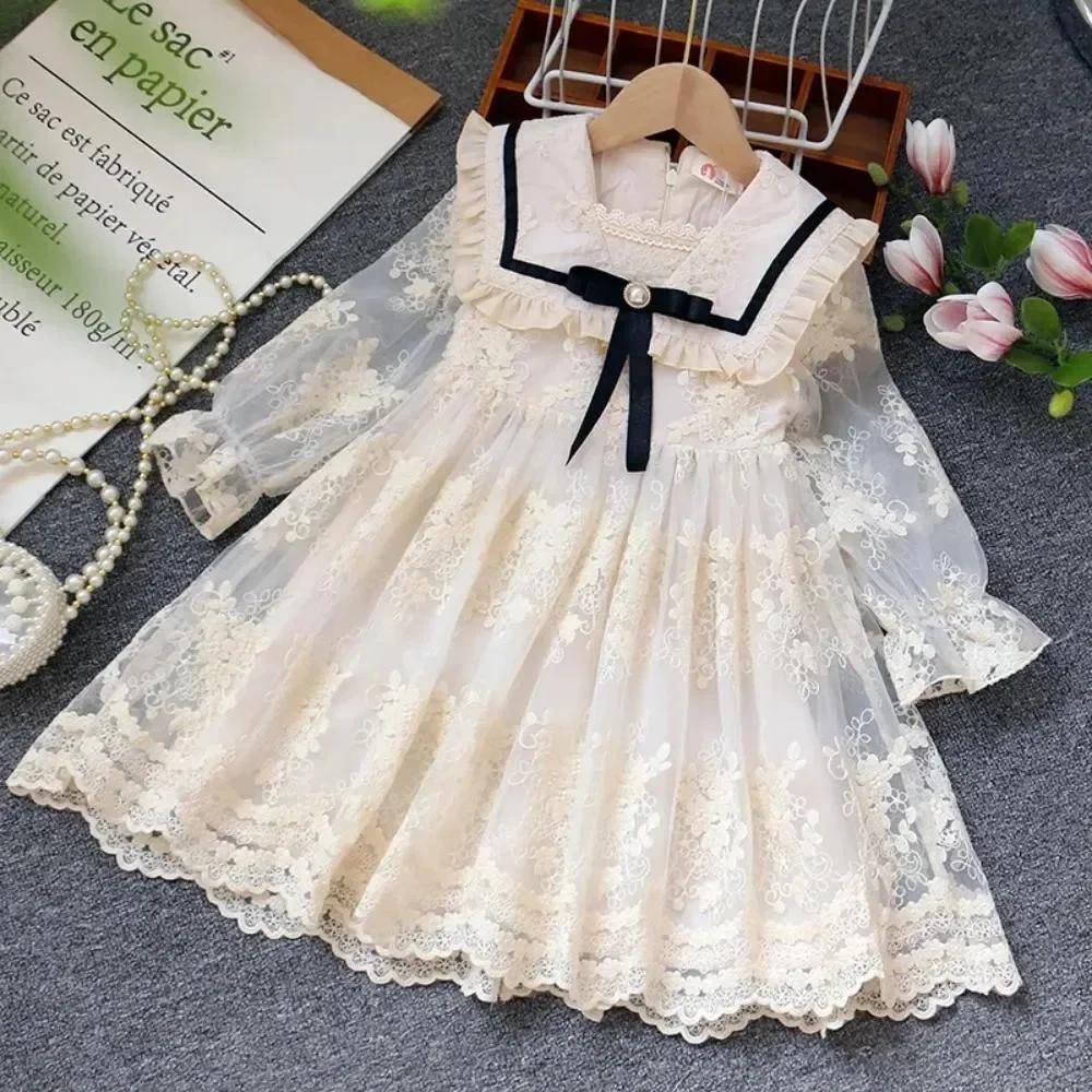 Robe coréenne à fleurs Beige pour filles, avec nœud en dentelle, manches longues, décoration pour ad