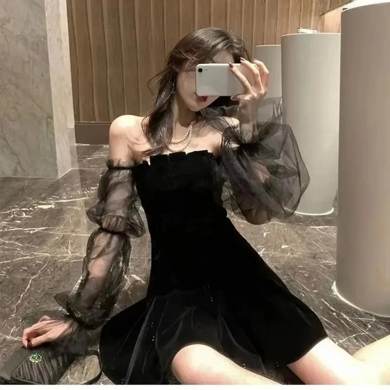 Nouveau 2025 noir rétro robe femmes dentelle mousseline de soie Mini robe femme haute rue Sexy mode 