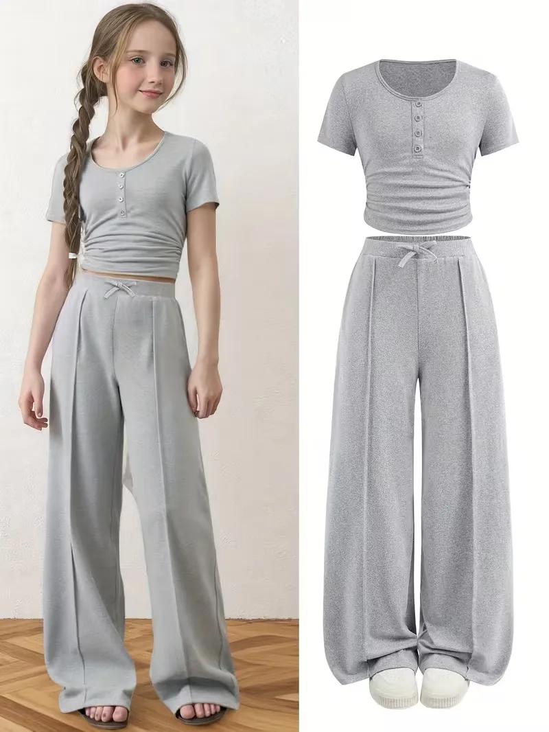 Ensemble 2 pièces en tricot gris pour filles – Haut court froncé à boutons sur le devant et pantalon