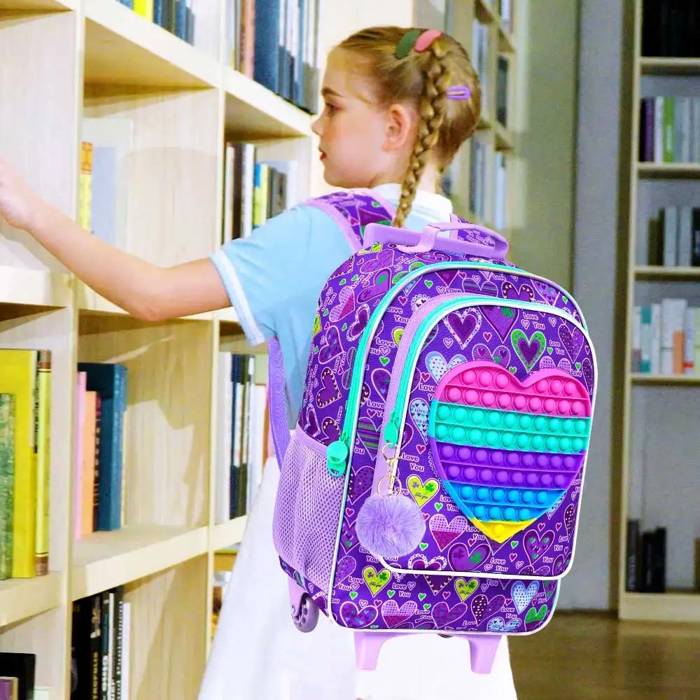 Sac à dos roulant 3 pièces pour filles, sac à livres à roulettes pour enfants, sac d'école à roulett