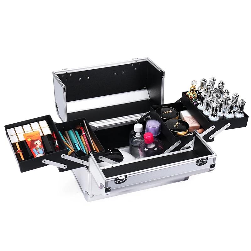 Boîte de Train de maquillage avec 4 plateaux réglables professionnels, boîte de rangement de maquill