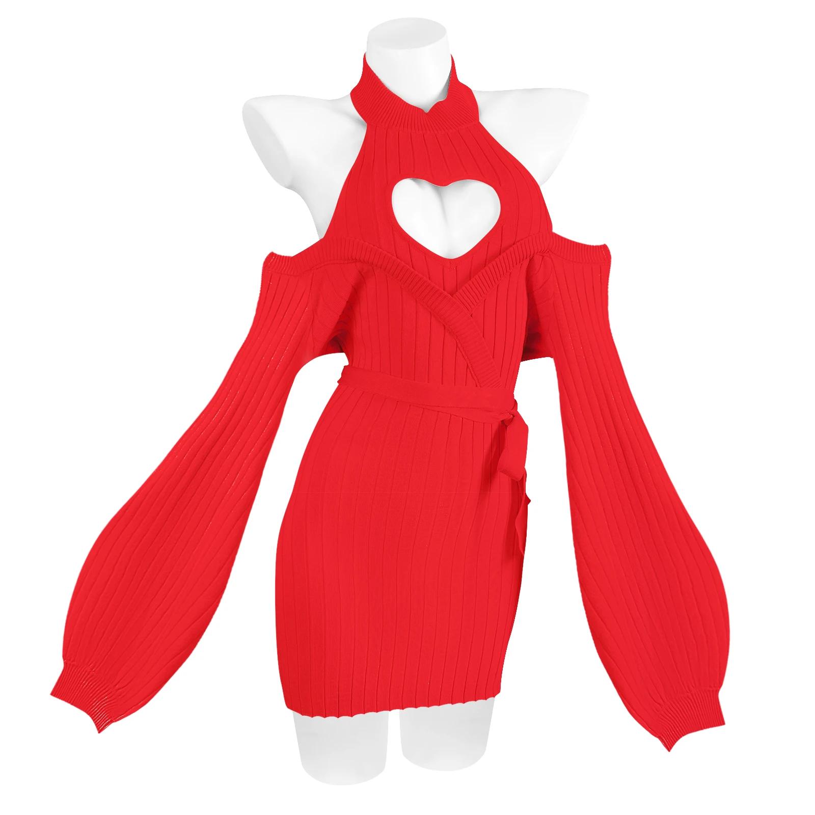 Robe en tricot bleu sexy à motif d'automne et de cœur, bretelles, dos nu, pull à col roulé doux pour