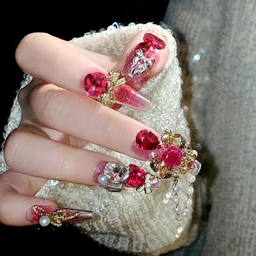 24 pièces nouvel an métal lourd presse sur ongles mariée chinoise mariage faux ongles couverture com