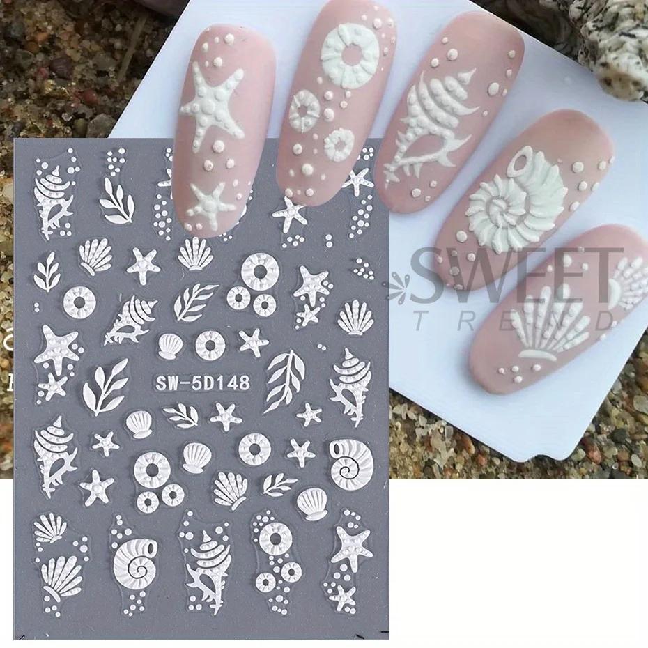 Autocollants pour ongles 5D méduse, plage d'été, coquille blanche, étoile de mer, vis adhésive, curs