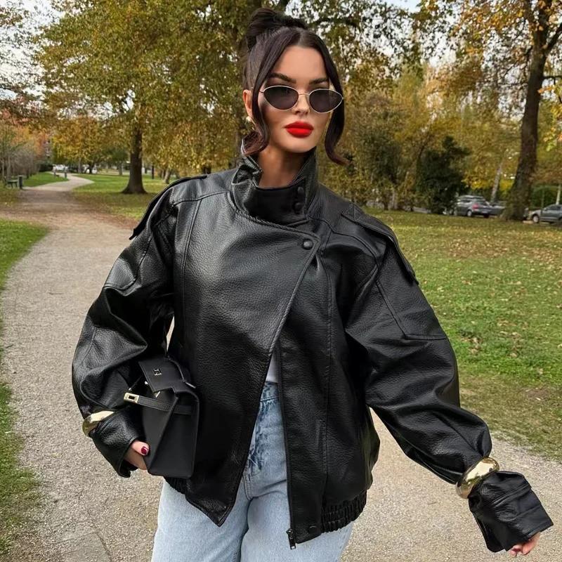 HXAO Veste bombardier asymétrique en simili cuir pour femme, courte, noire, surdimensionnée, à la mo