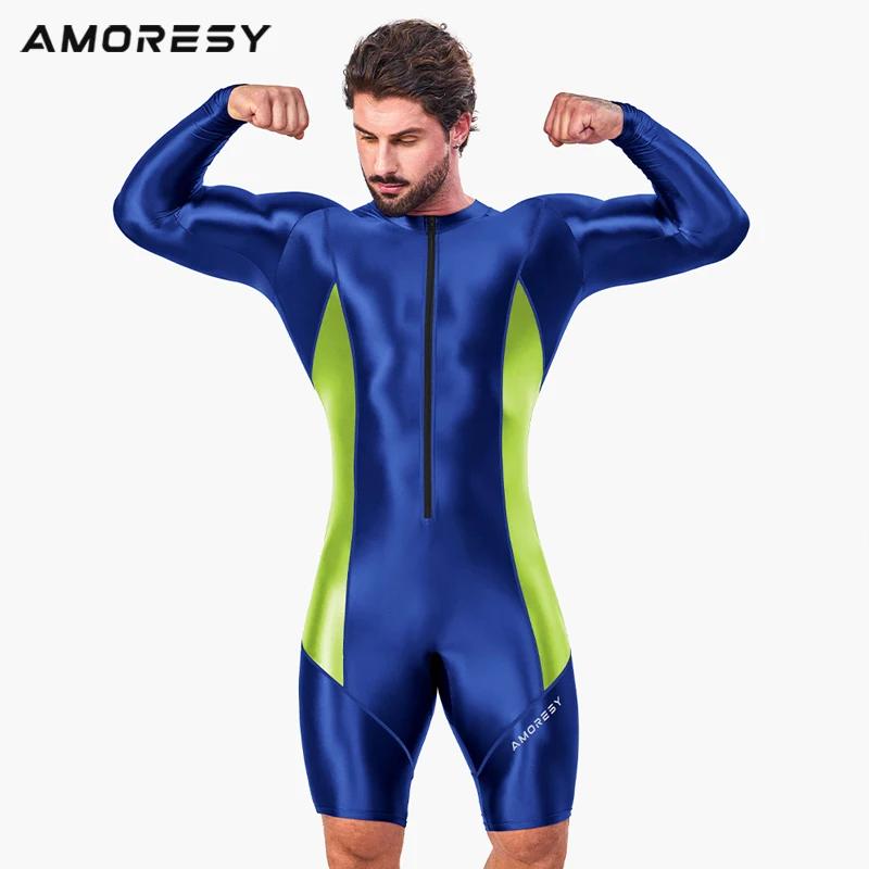 AMORESY hommes brillant avant fermeture éclair une pièce à manches longues collants Spandex maillot 
