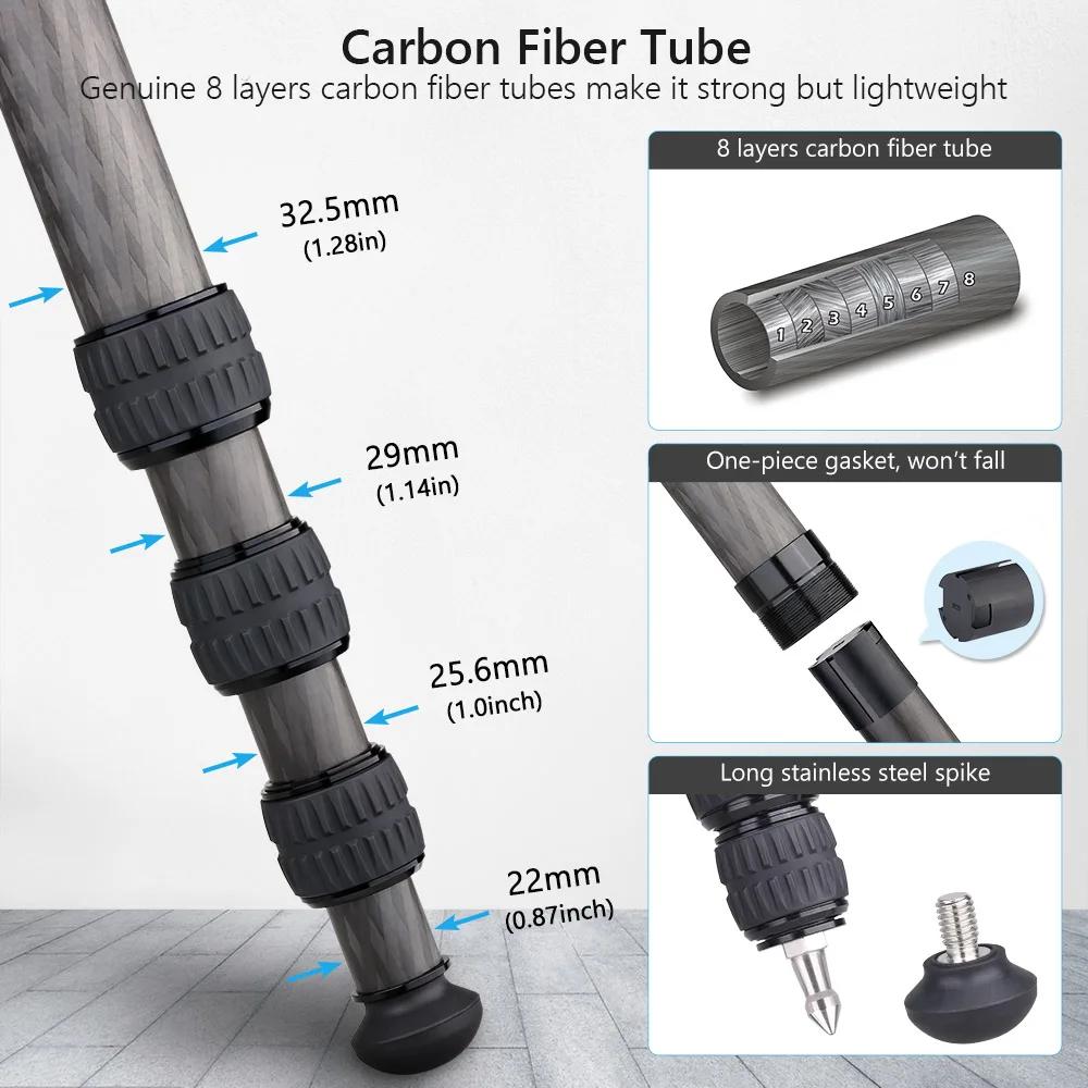 ELK 158cm Compact Carbon Fiber Trépied 32mm Tube rapDuty Camera Travel Trépied pour appareil photo r