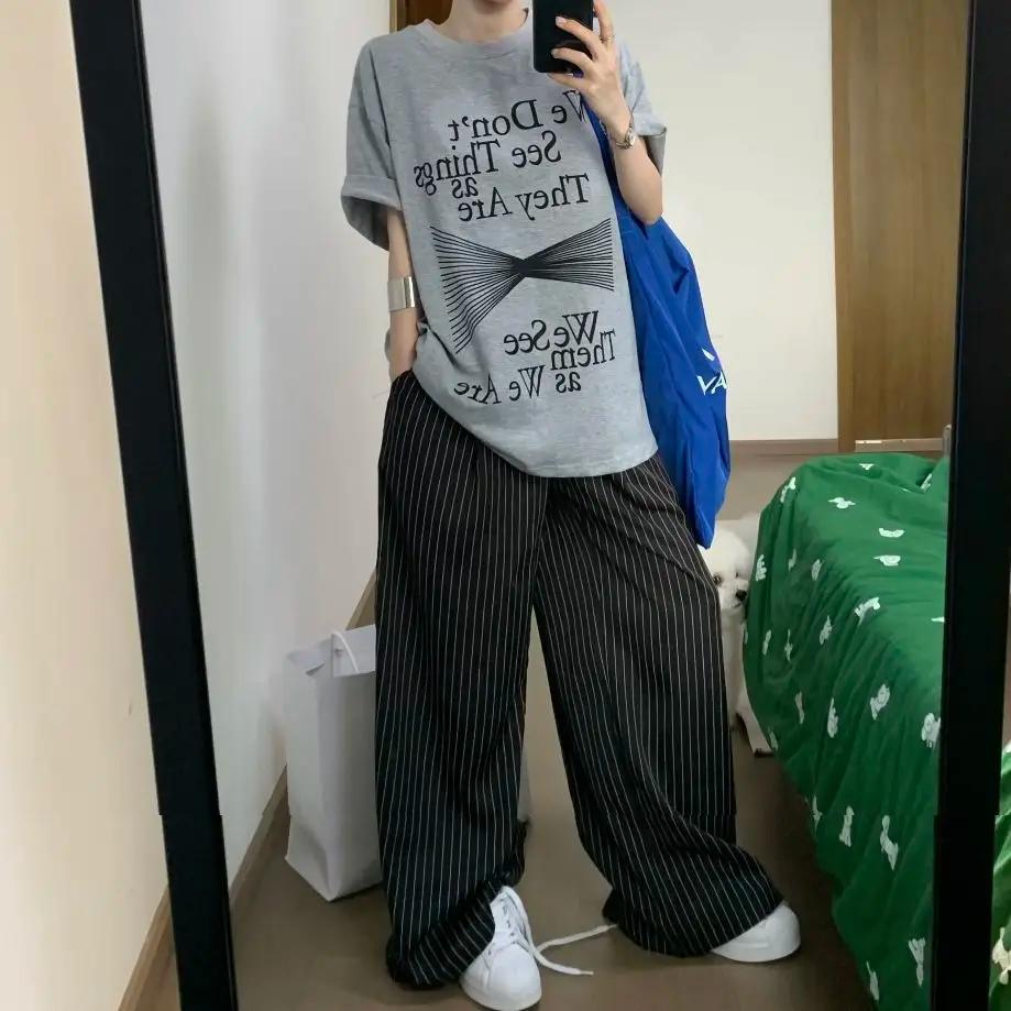 2025 printemps décontracté rayé imprimé taille haute jambe large Patchwork pantalon femmes Baggy mod