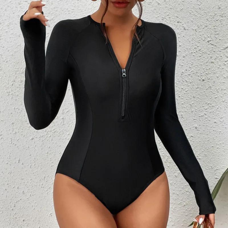 Maillots de bain une pièce noirs fermés à manches longues maillots de bain pour sport surf body femm