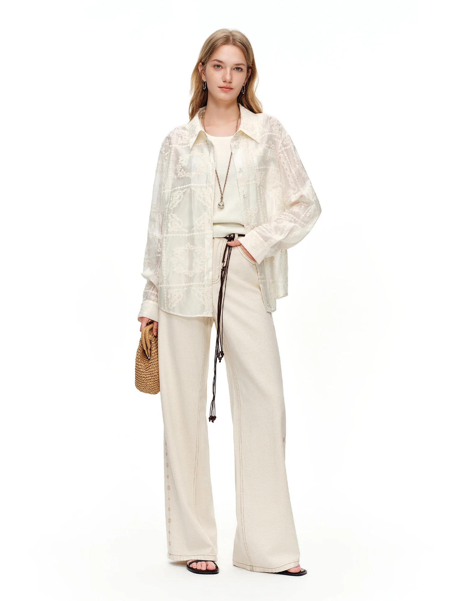 DUSHU 2024 – Jean droit brodé en mélange de lin blanc pour femme – Pantalon élégant et décontracté p