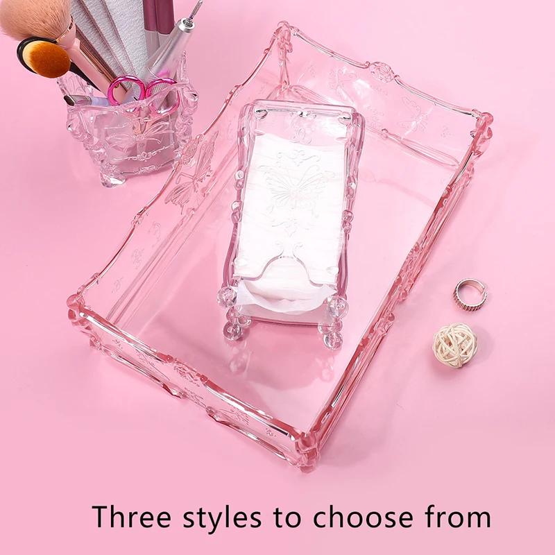 Boîte de rangement pour tampons de coton, motif papillon rose transparent, conteneur de serviettes, 
