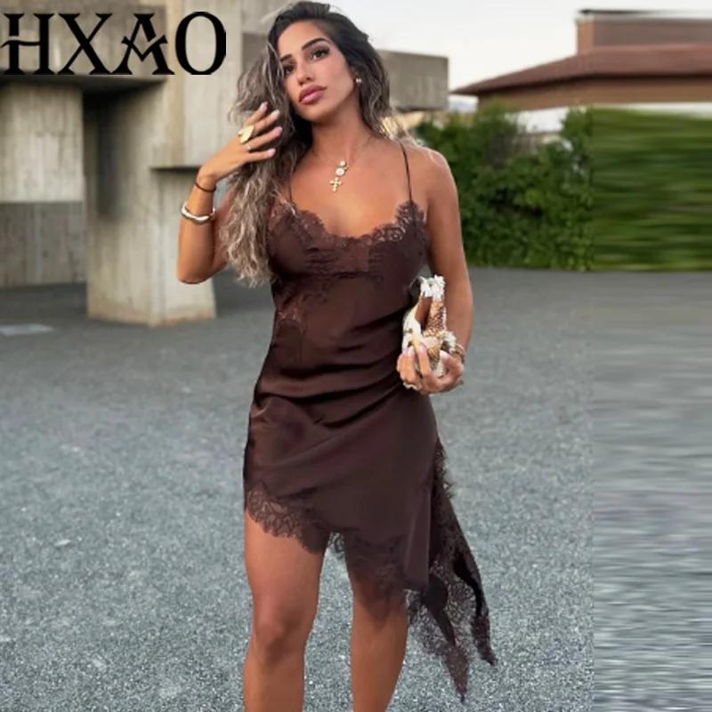 HXAO Slip femmes robes sans manches robe en dentelle noire femme asymétrique robes de soirée élégant