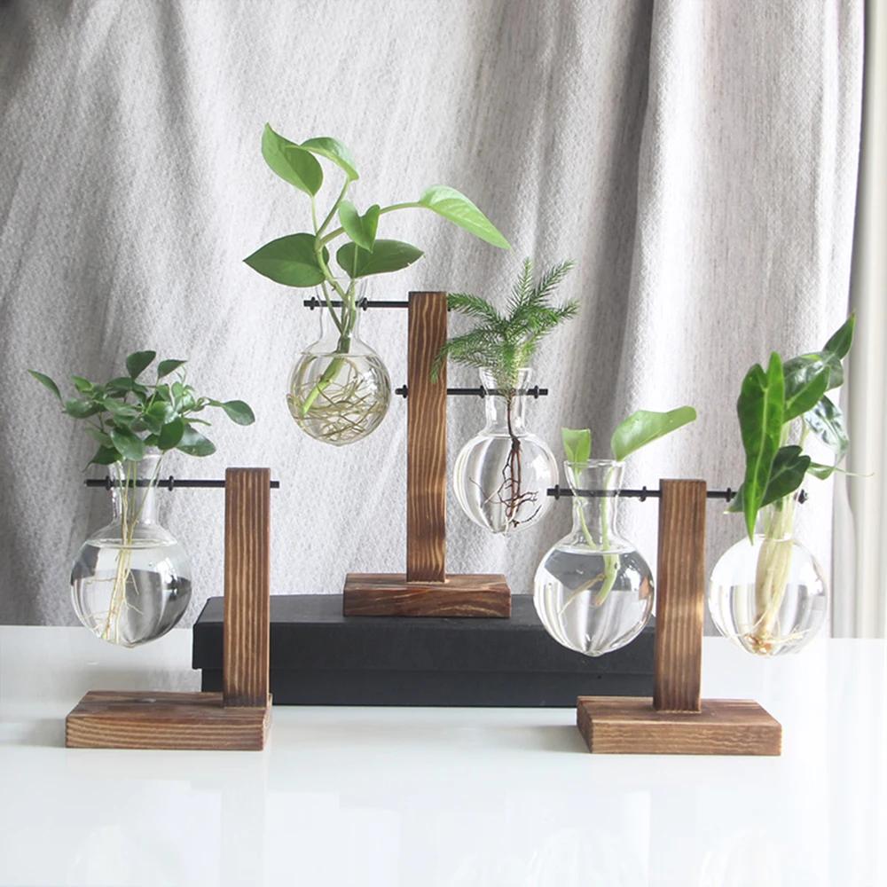 Vase à ampoules de jardinière de bureau en verre créatif, support en bois, conteneur de plantes hydr