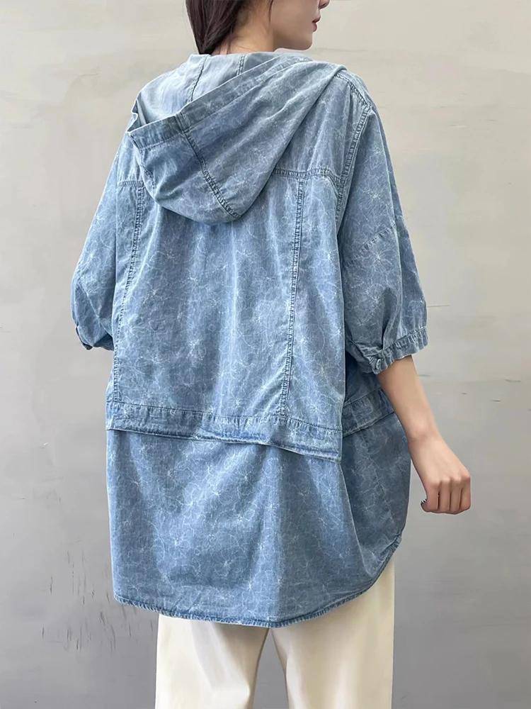 Amax luluE été femmes Denim à capuche hauts floraux mode surdimensionné imprimé chemises dames décon