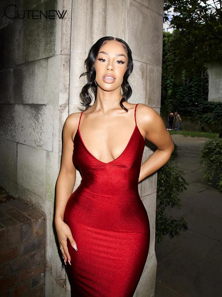 Nibber rouge brillant Spaghetti sangle Maxi Robe femmes solide Sexy dos nu froncé décolleté corps-sh