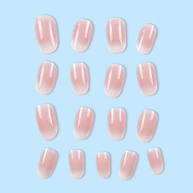 Faux ongles courts ovales dégradés rose pour femmes et filles, finition brillante, couverture complè
