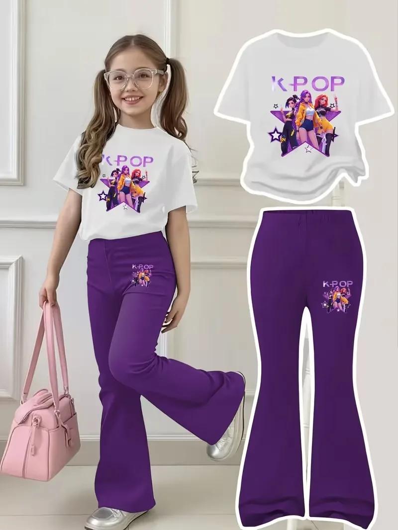 Tenue blanche et violette tendance pour filles de 4 à 12 ans : T-shirt à manches courtes et pantalon