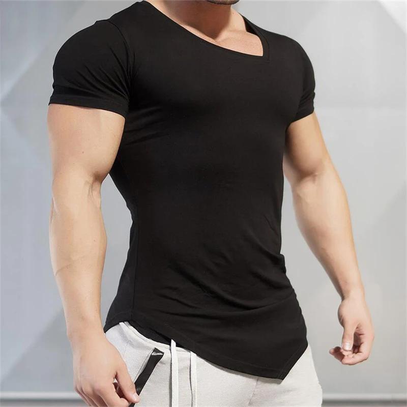 Couleur unie à manches courtes coupe ajustée col en v chemises gymnase musculation Fitness Muscle T-