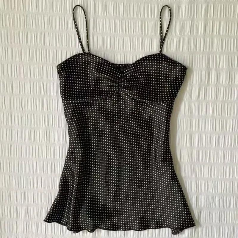 Camisole vintage à pois français pour femmes, été, plis, sans manches, Y2k, crop top, halter, hauts 