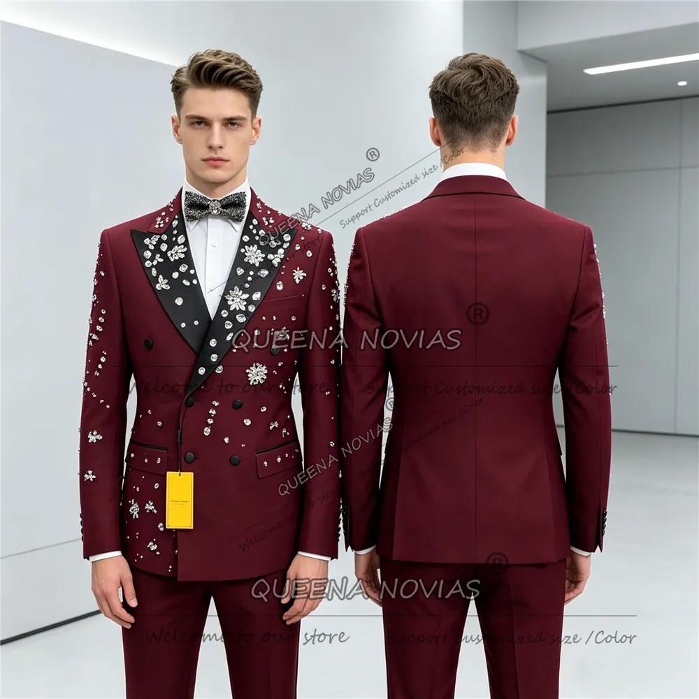 Costume de luxe bordeaux pour homme pour mariage, orné de pierres de joaillerie Black Label, blazer 