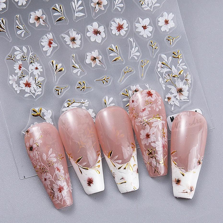 Autocollants 3D pour ongles, motif fleurs de cerisier, fleurs de pêcher, marguerites, feuilles dorée