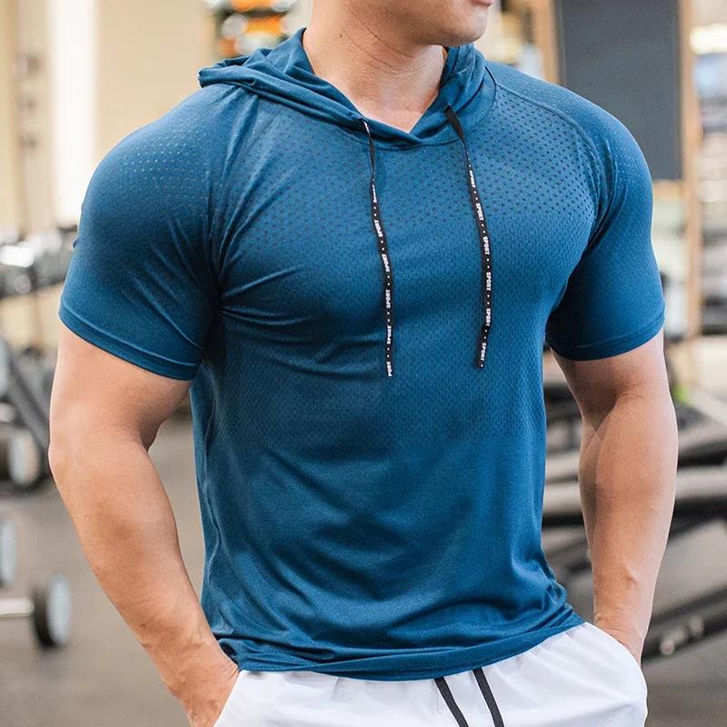 Sweat à capuche pour hommes, course à pied, musculation, Sport, manches courtes, vêtements de Fitnes