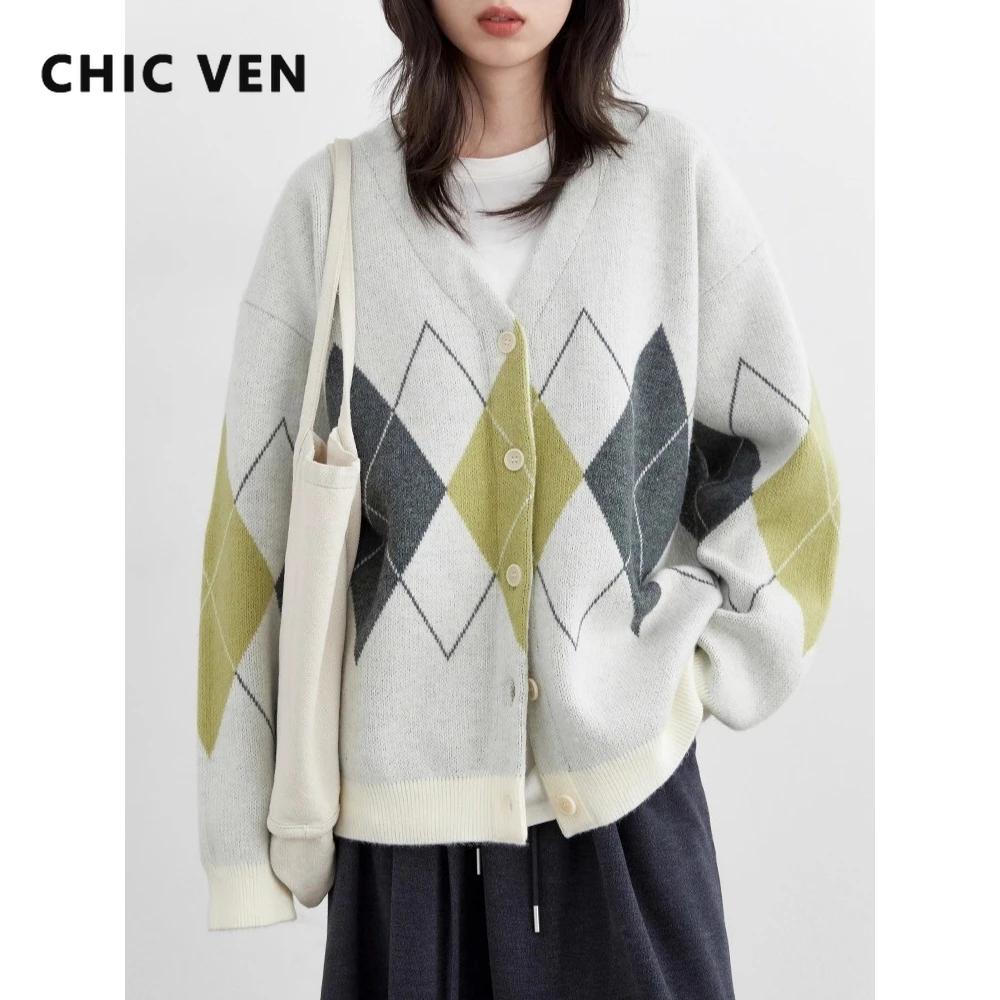 CHIC VEN femmes chandails ample décontracté rétro diamant grille Jacquard tricoté dames Cardigan col