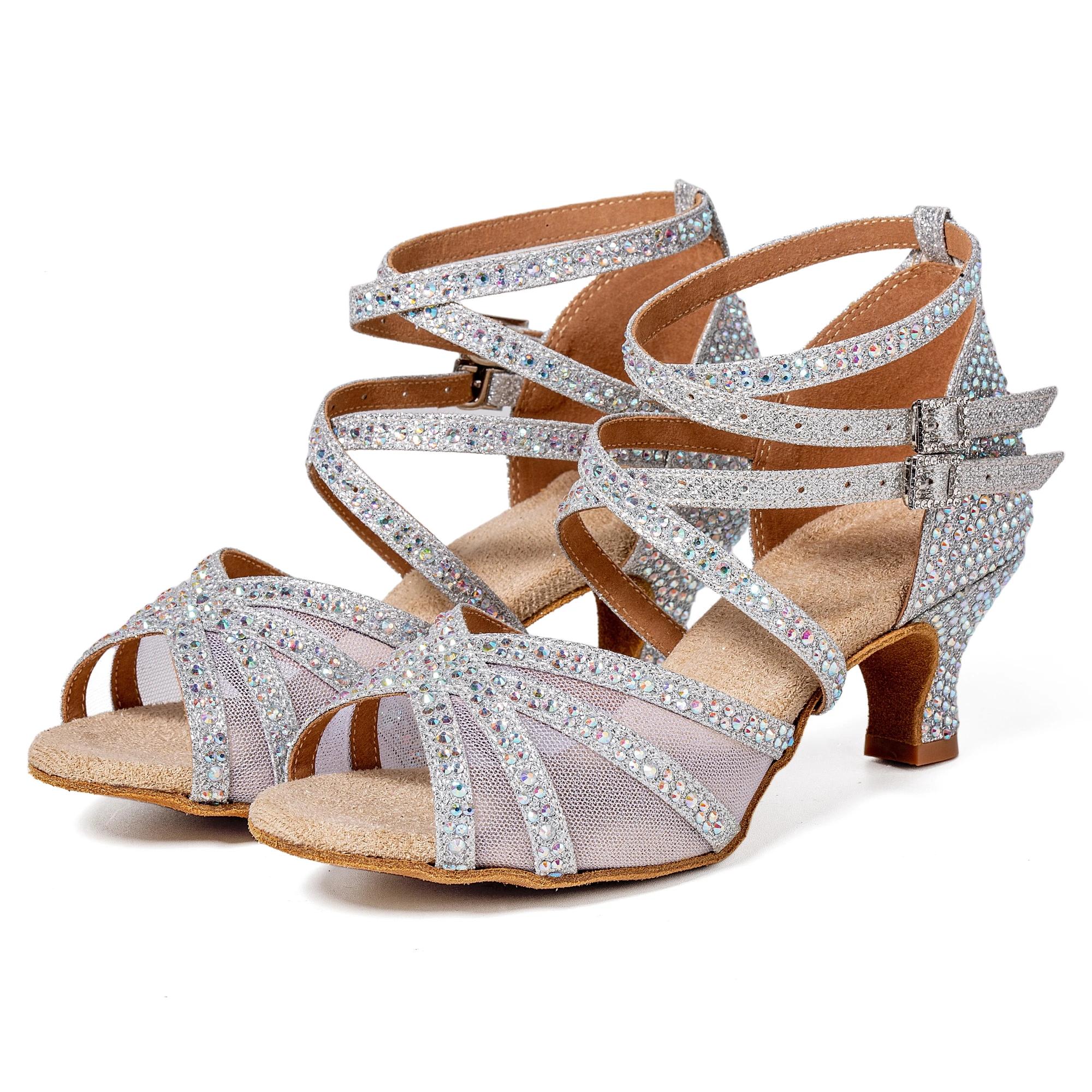 Chaussures de danse latine pour femmes adultes, paillettes argentées, talon de 5.5cm, quatre sangles