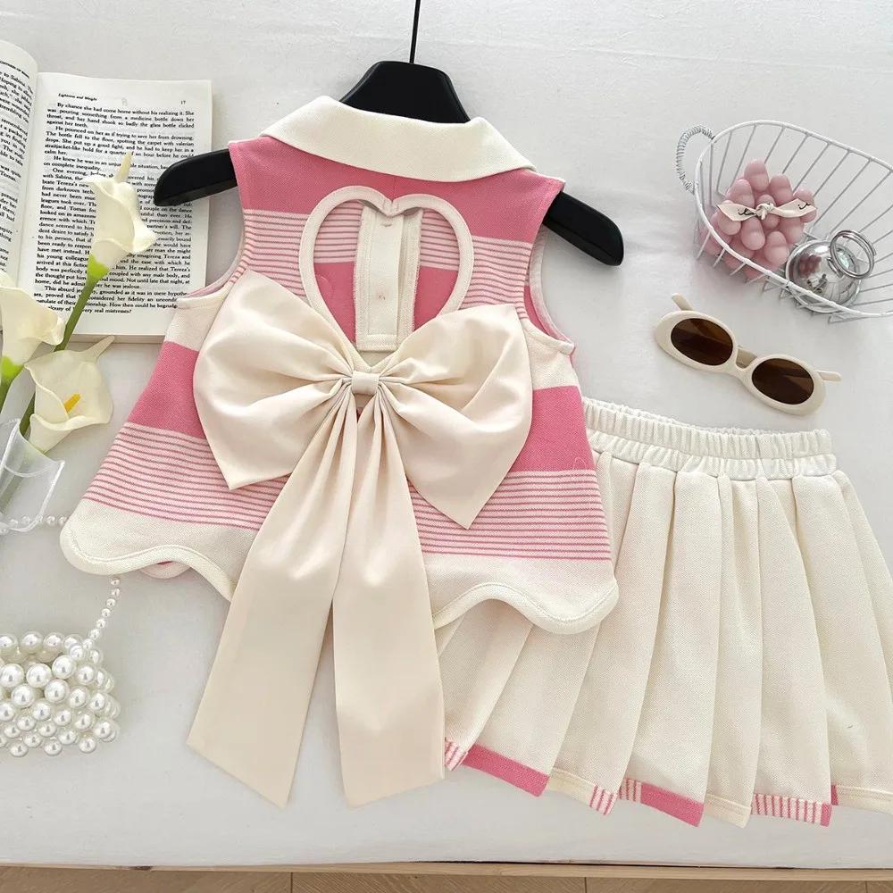 Vêtements roses pour filles de 2 à 9 ans, T-shirt rayé imprimé amour + jupe plissée, ensemble 2 pièc
