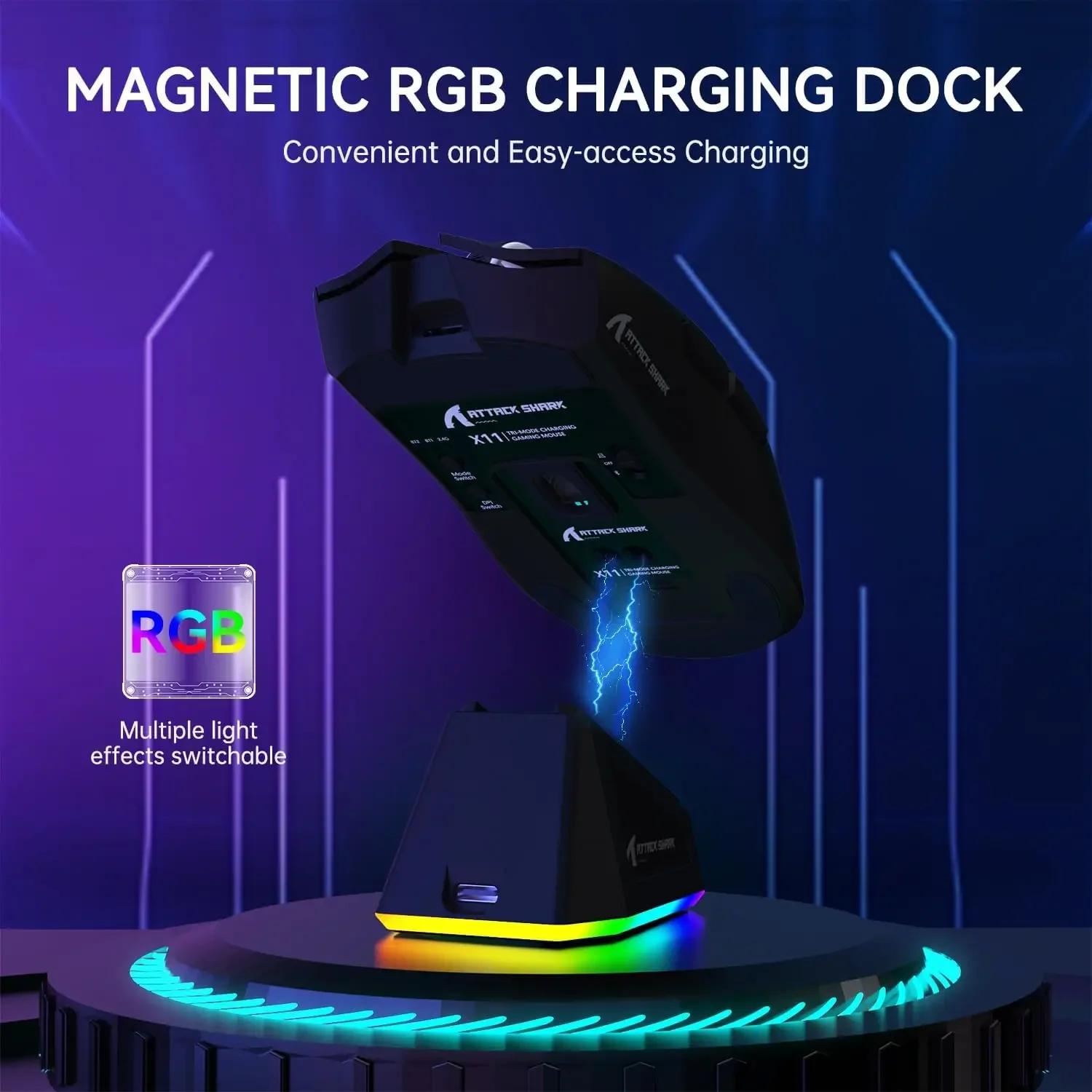 ATTACK SHARK X11 souris de jeu sans fil légère à trois modes avec station de charge RGB capteur opti