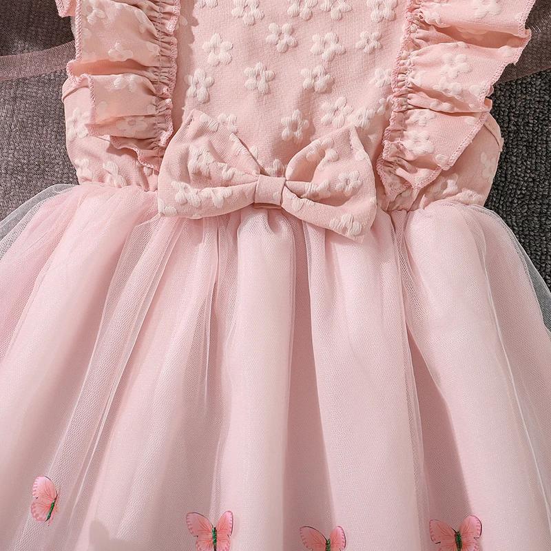 Robe de princesse pour filles de 4 à 7 ans, col rond, manches à ailes, nœud papillon, imprimé Floral
