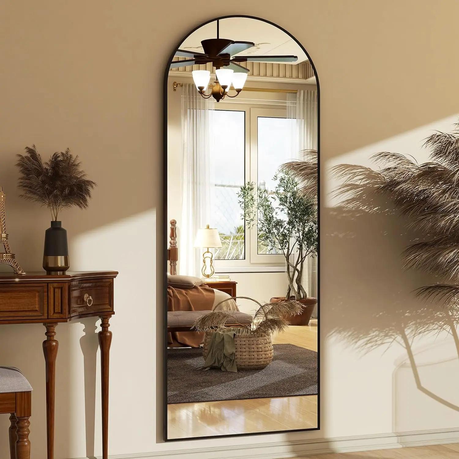 Miroir de sol en arc de 65 po x 24 po, miroir mural pleine longueur avec support – Cadre en alliage 