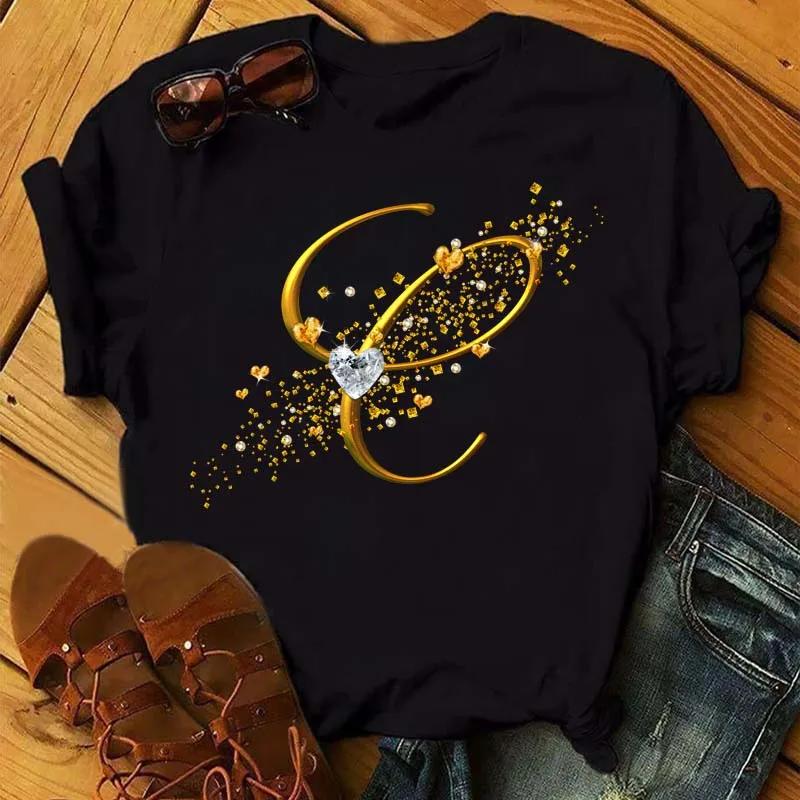 T-shirt à manches courtes personnalisé pour femme, lettre de nom BLOFashion, police de lettre d'or d