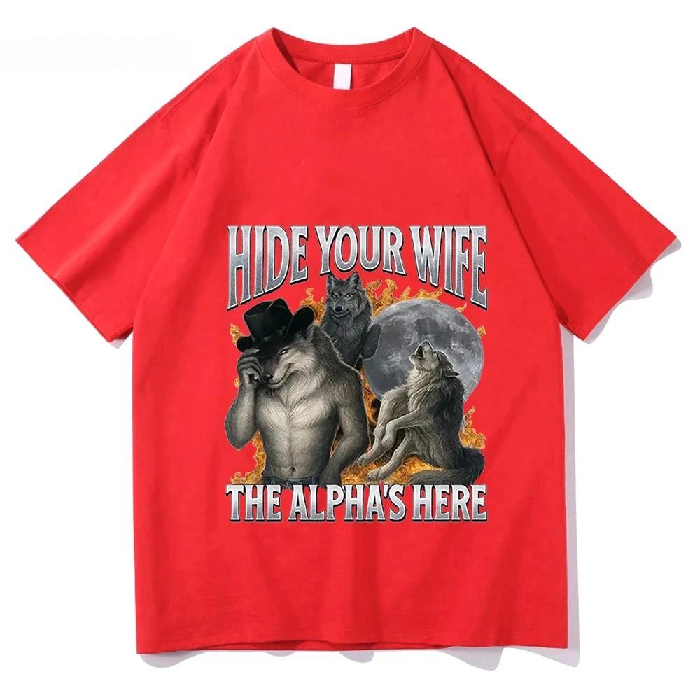 Cachez votre femme, l'alpha-loup arrive ! T-shirt Meme Loup-Garou Amusant, Chemise à Manches Courtes