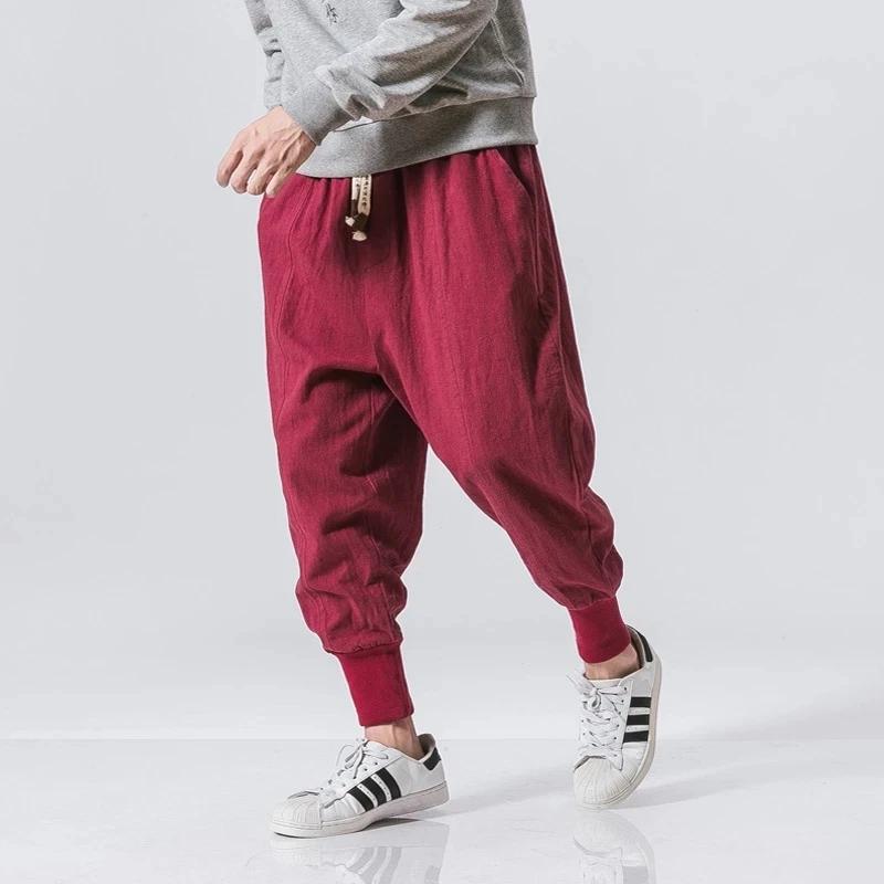 Pantalon sarouel en coton et lin pour hommes, couleur unie, taille élastique, Streetwear, jogging, B