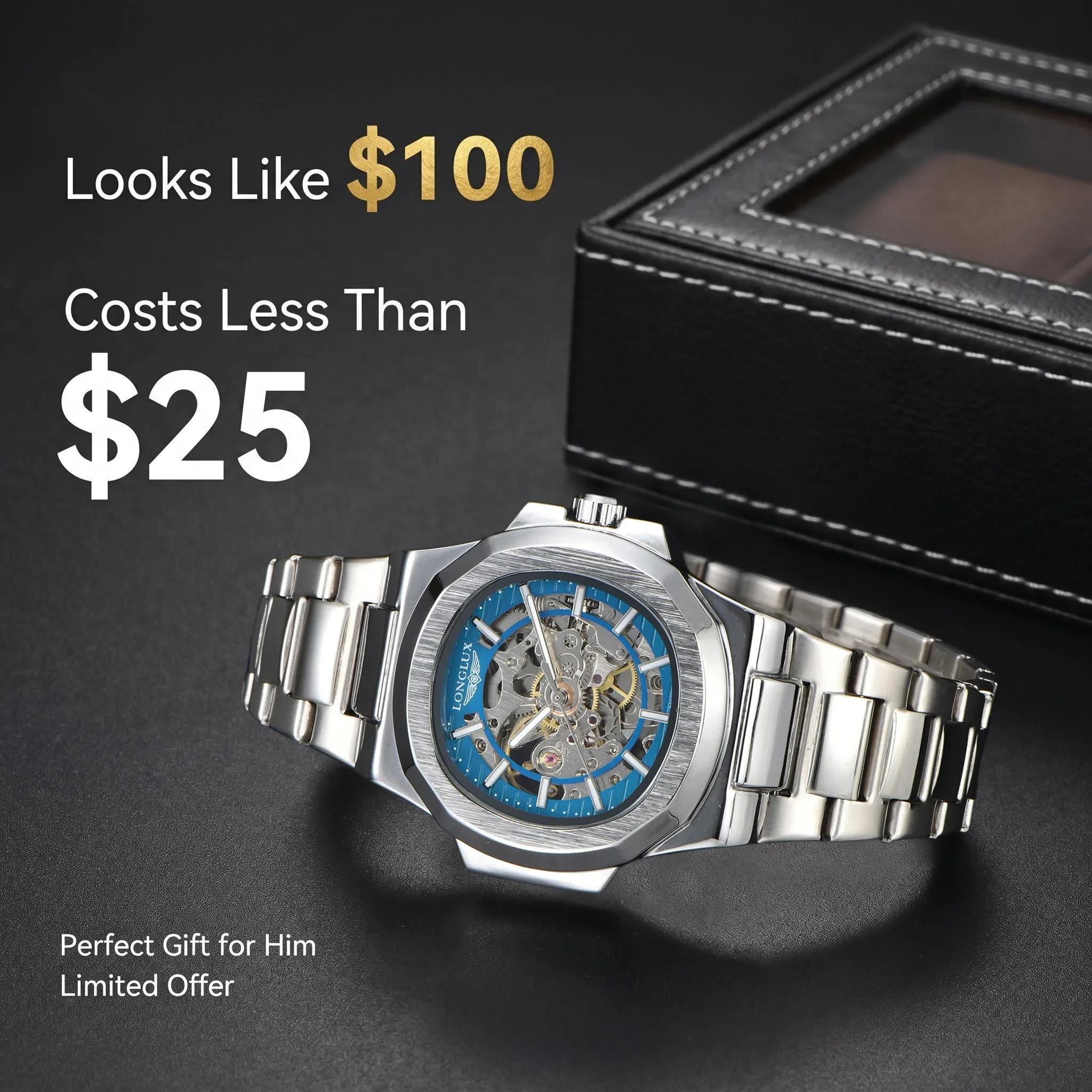 Montre automatique mécanique pour homme LONGLUX, montres de luxe, étanches, squelette, pour affaires