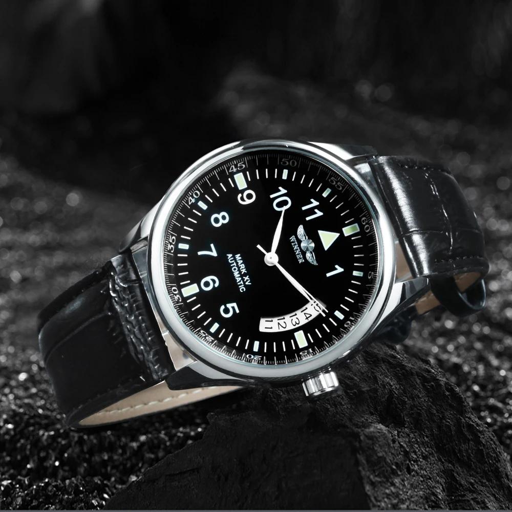 Montre automatique WINNER pour homme, fenêtre de calendrier, cadran noir tendance, bracelet en cuir 
