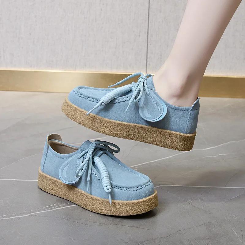 Mocassins pour femmes en daim et cuir véritable, plateforme, style britannique, à lacets, chaussures