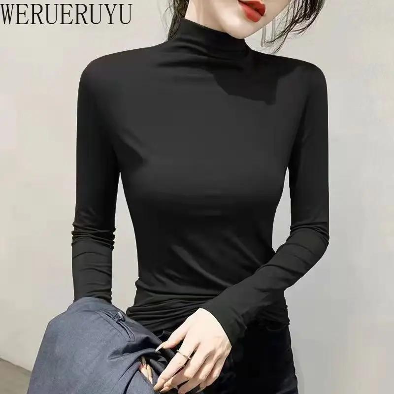 T-shirt noir à col roulé et manches longues pour femme, vêtement Y2k, mode coréenne, Modal, élégant,
