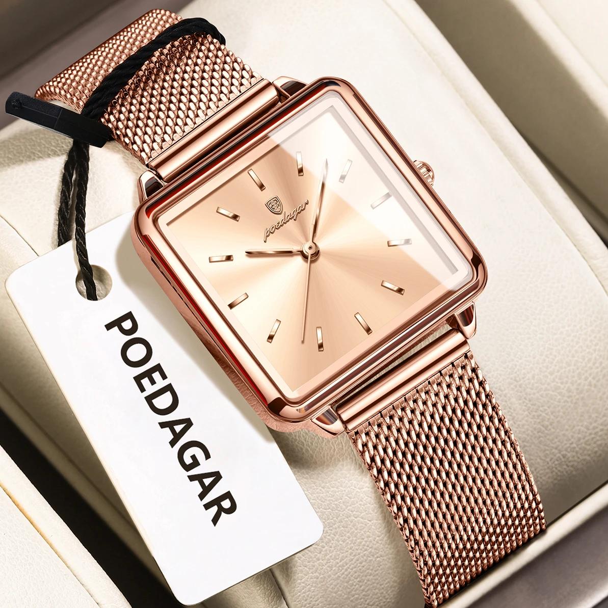 POEDAGAR carré mode dames montre étanche en acier inoxydable maille montre pour femme élégante femme
