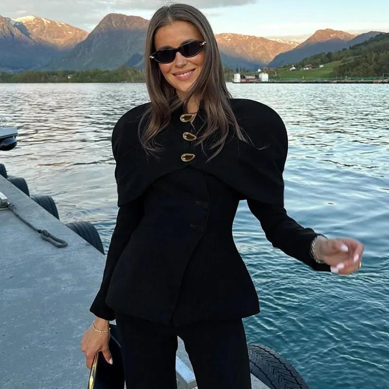 Trendix noir élégant Blazer pour femmes 2025 automne mode boutons dorés Patchwork veste manteau fête