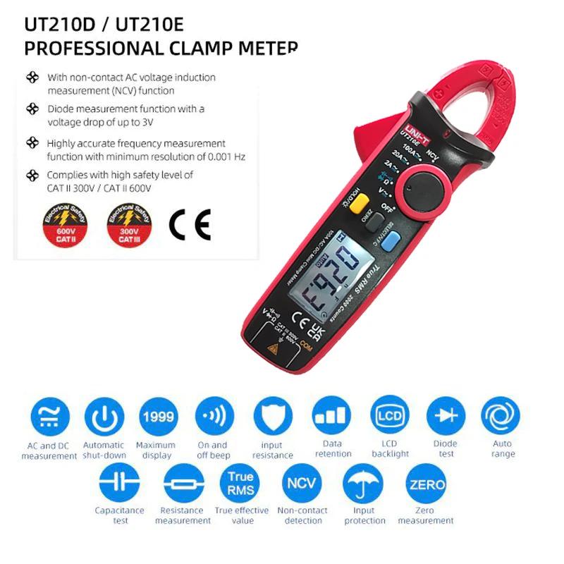 Uni-t-Pince numérique True RMS, UT210E, UT210A, B, C, D, E, AC, DC, Courant, Tension, Plage automati