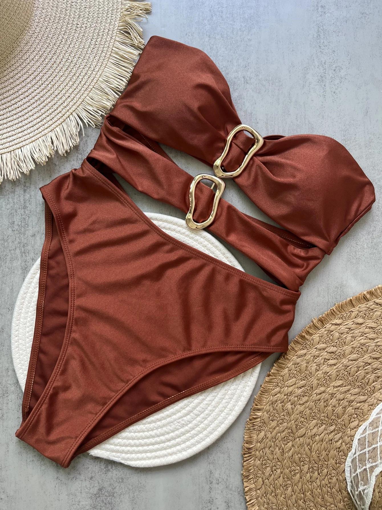 3 couleurs Sexy anneaux en métal découpé femmes maillots de bain une pièce maillot de bain femme Ban
