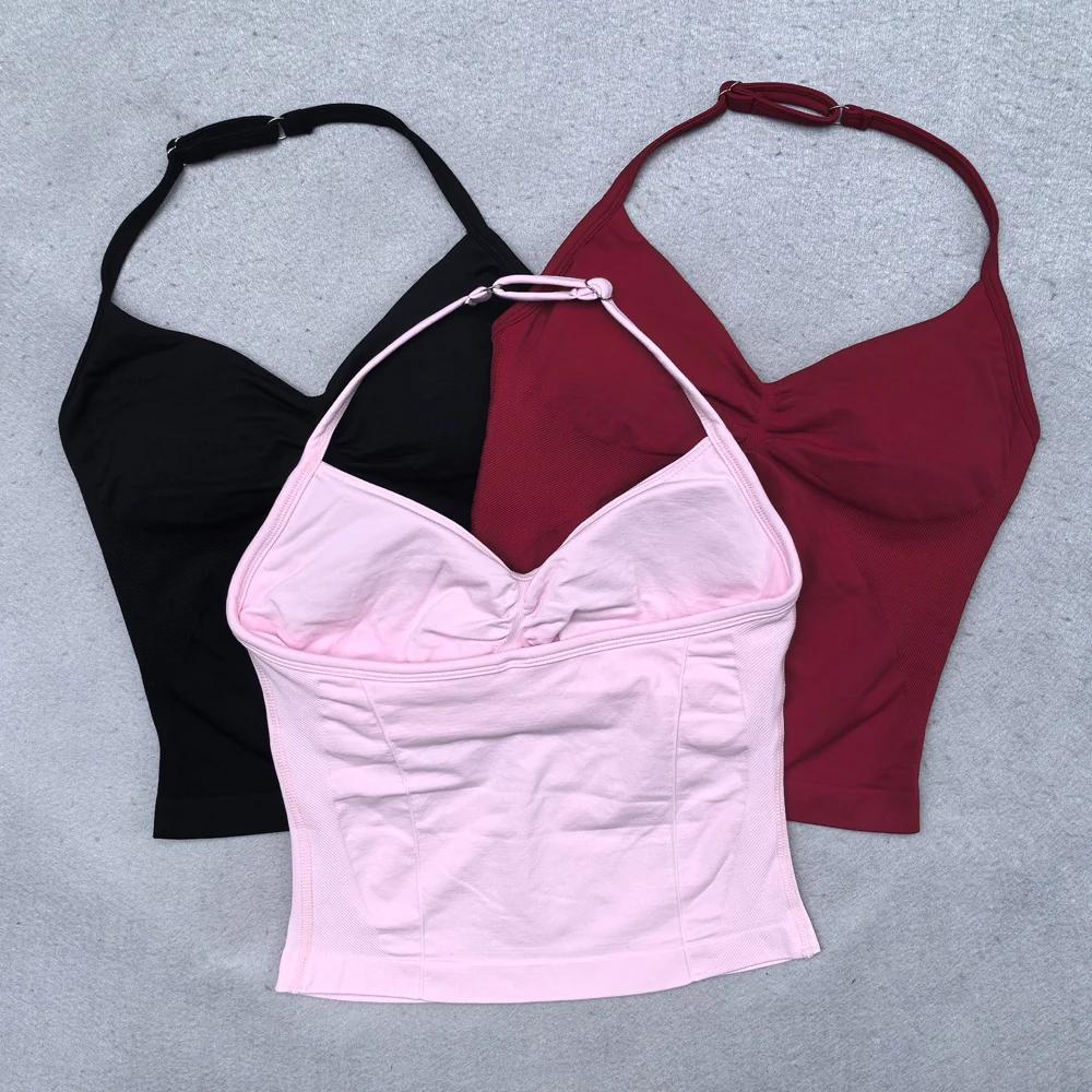 Ensemble de Yoga sans couture pour femmes, 2 pièces, débardeur rembourré, col licou, froissé, levage