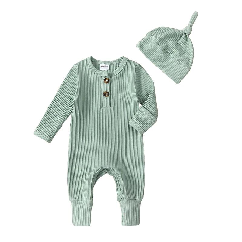 Vêtements pour nouveau-né garçon, couleur unie, côtelé, manches longues, barboteuse, combinaison ave