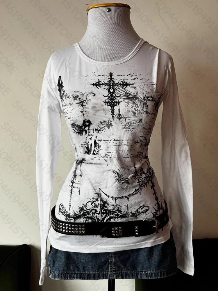 Y2k style esthétique doux et sexy haut à manches longues pour femmes décontracté gothique punk impri