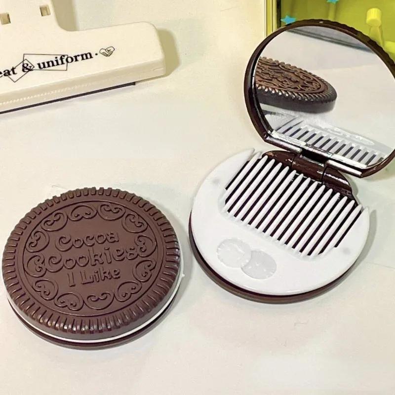 Miroir de maquillage rond pliant Biscuit au chocolat Ins Kawai miroirs de poche extérieurs femmes pe