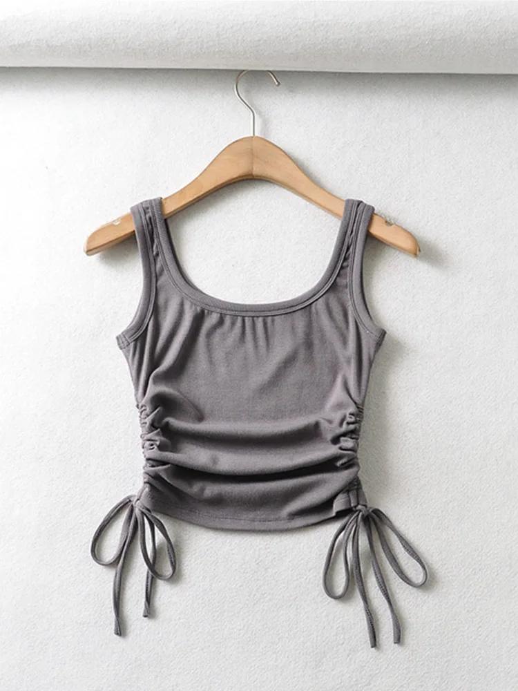Nouveauté filles décontracté couleur unie deux côtés cordon gilet plis froncé Sexy débardeur et Cami