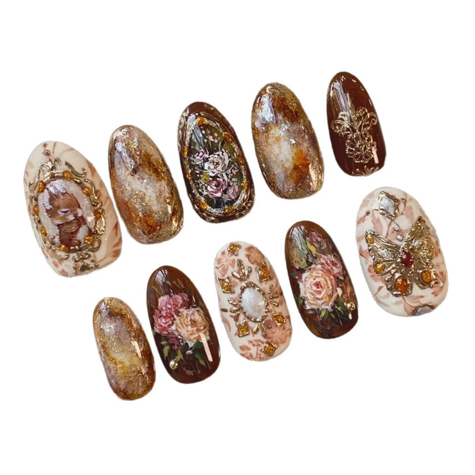 24 pièces ambre Rose faux ongles presse sur ongles avec peinture à l'huile motifs de fleurs longue a