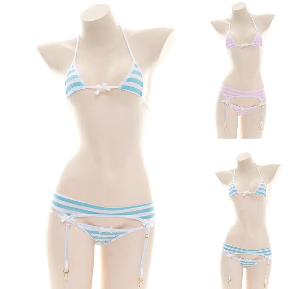 Ensemble Bikini Sexy pour femmes, sous-vêtements à bretelles, Lingerie mignonne à rayures, Micro-Bik